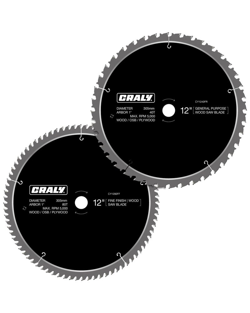 CRALY 12 Inch 40&80 Teeth General Purpose/Fine Finish Wood Cutting Circular Saw Blade, 1 Inch Arbor, for Table Saw & Miter Saw, Carbide Tipped, Thin Kerf, for Cutting Plywood, MDF, OSB, Laminated - Image 1